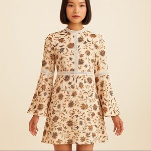 NB Avenue Cream Floral Print Lace Detail Bell Sleeve Dress